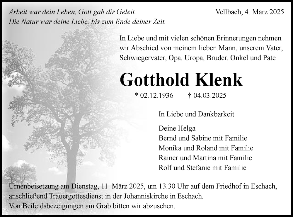  Traueranzeige für Gotthold Klenk vom 07.03.2025 aus Gmünder Tagespost