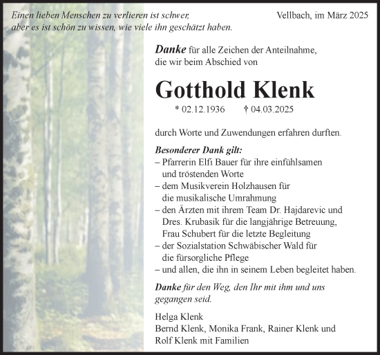 Traueranzeige von Gotthold Klenk von Gmünder Tagespost