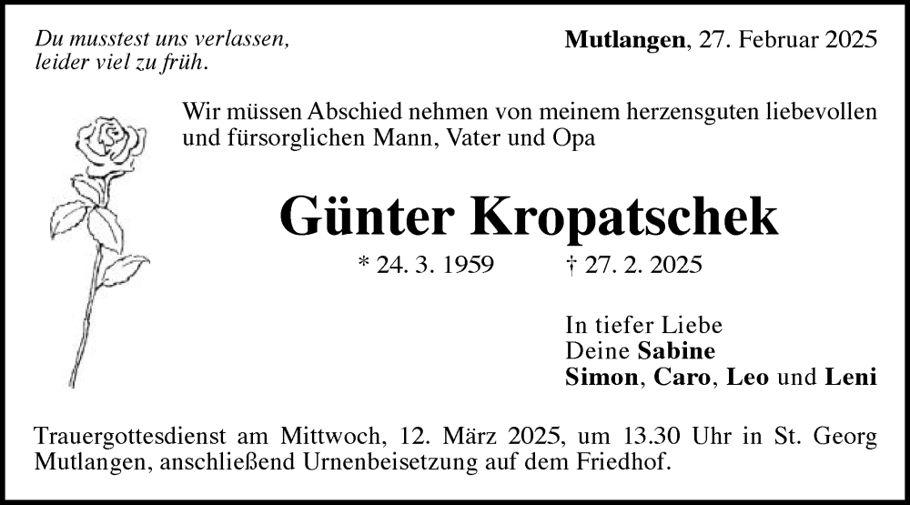  Traueranzeige für Günter Kropatschek vom 08.03.2025 aus Gmünder Tagespost