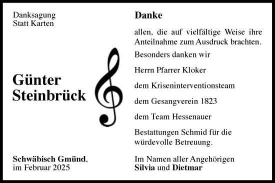 Traueranzeige von Günter Steinbrück von Gmünder Tagespost