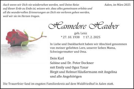 Traueranzeige von Hannelore Hauber von Schwäbische Post