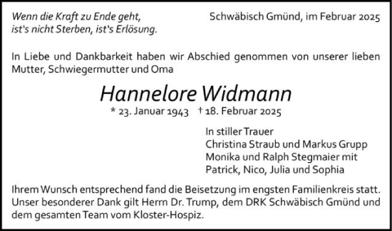 Traueranzeige von Hannelore Widmann von Gmünder Tagespost