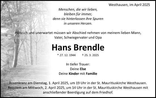 Traueranzeige von Hans Brendle von Schwäbische Post