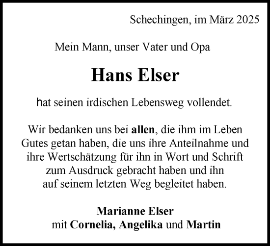 Traueranzeige von Hans Elser