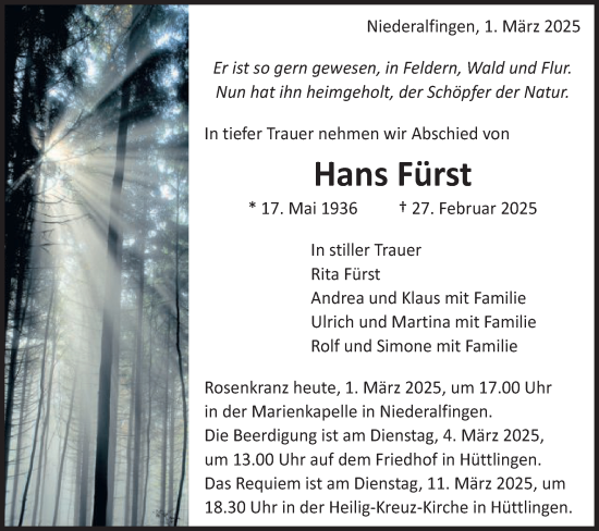 Traueranzeige von Hans Fürst von Schwäbische Post