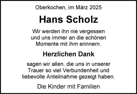 Traueranzeige von Hans Scholz von Schwäbische Post