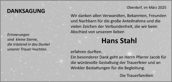 Traueranzeige von Hans Stahl von Schwäbische Post