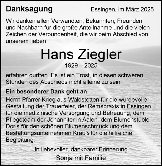 Traueranzeige von Hans Ziegler von Schwäbische Post