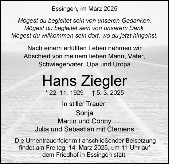 Traueranzeige von Hans Ziegler von Schwäbische Post