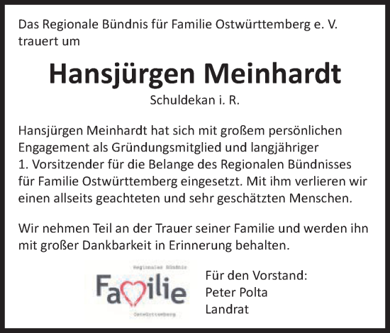 Traueranzeige von Hansjürgen Meinhardt von Schwäbische Post