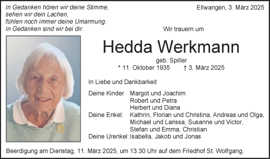Traueranzeige von Hedda Werkmann von Schwäbische Post