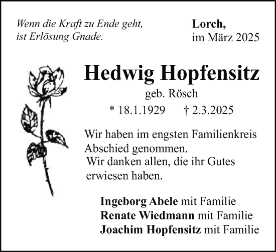 Traueranzeige von Hedwig Hopfensitz von Gmünder Tagespost