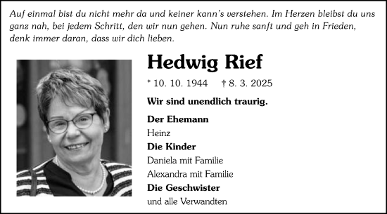 Traueranzeige von Hedwig Rief von Schwäbische Post