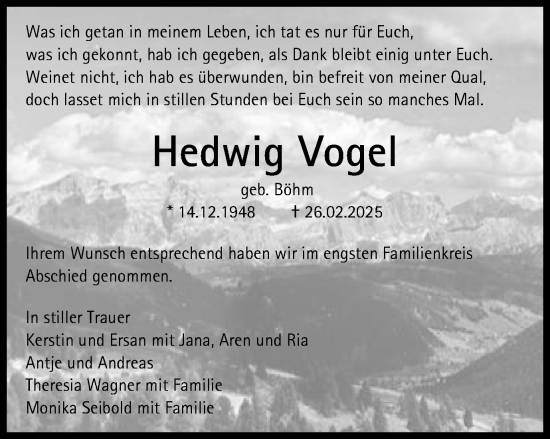 Traueranzeige von Hedwig Vogel von Schwäbische Post