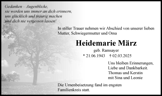 Traueranzeige von Heidemarie März von Gmünder Tagespost