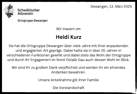 Traueranzeige von Heidi Kurz von Schwäbische Post