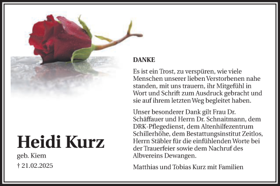 Traueranzeige von Heidi Kurz von Schwäbische Post