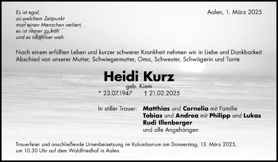 Traueranzeige von Heidi Kurz von Schwäbische Post