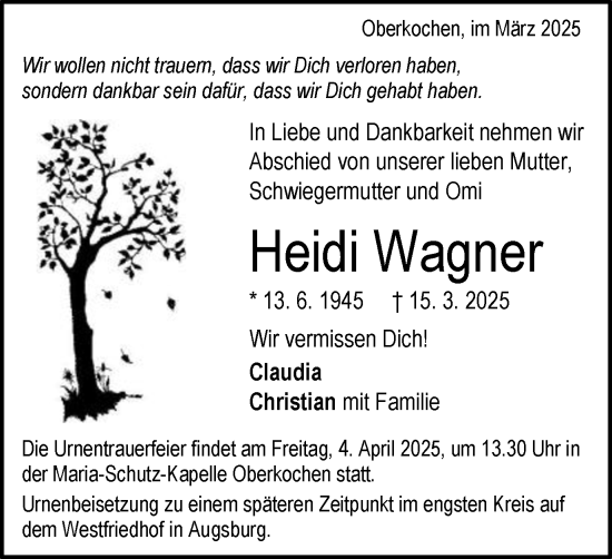 Traueranzeige von Heidi Wagner von Schwäbische Post