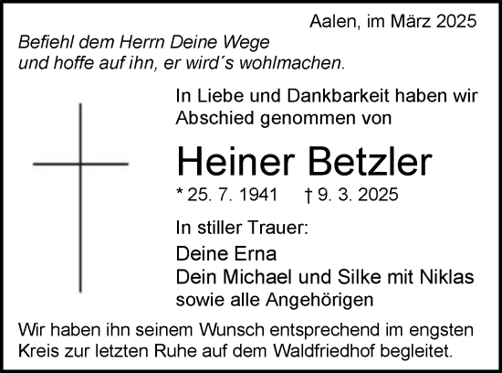 Traueranzeige von Heiner Betzler von Schwäbische Post