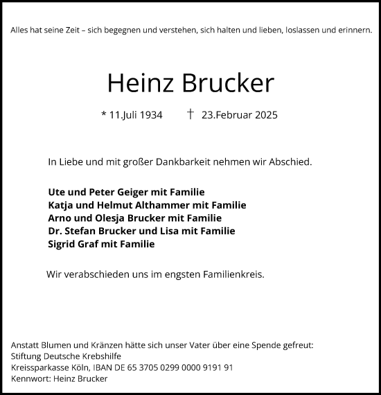 Traueranzeige von Heinz Brucker von Schwäbische Post