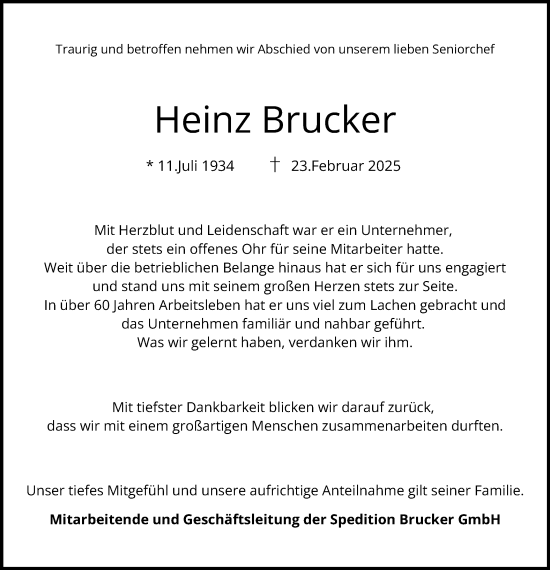 Traueranzeige von Heinz Brucker von Schwäbische Post