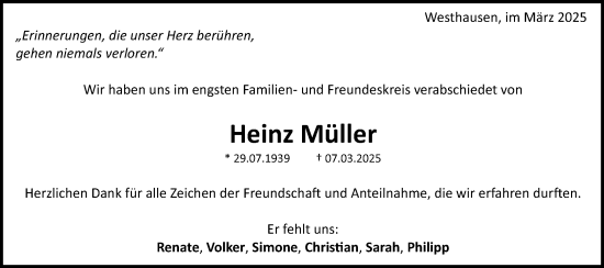 Traueranzeige von Heinz Müller von Schwäbische Post