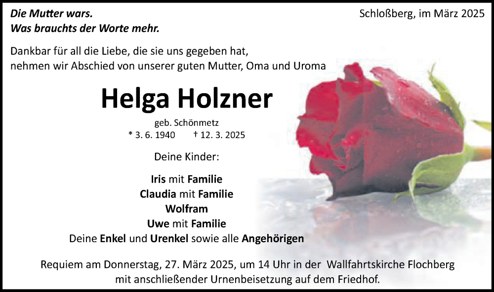  Traueranzeige für Helga Holzner vom 24.03.2025 aus Schwäbische Post