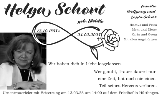 Traueranzeige von Helga Schort von Schwäbische Post
