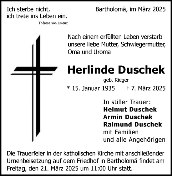 Traueranzeige von Herlinde Duschek von Gmünder Tagespost