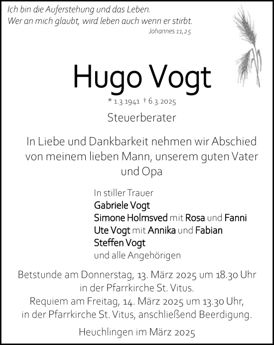 Traueranzeige von Hugo Vogt von Schwäbische Post