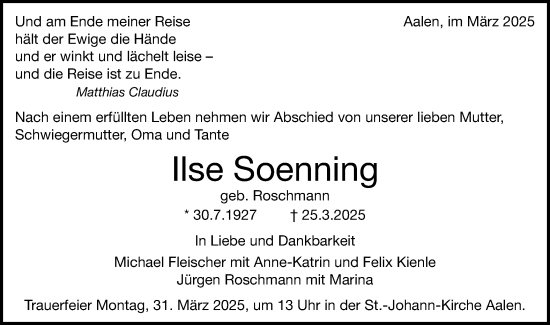 Traueranzeige von Ilse Soenning von Schwäbische Post