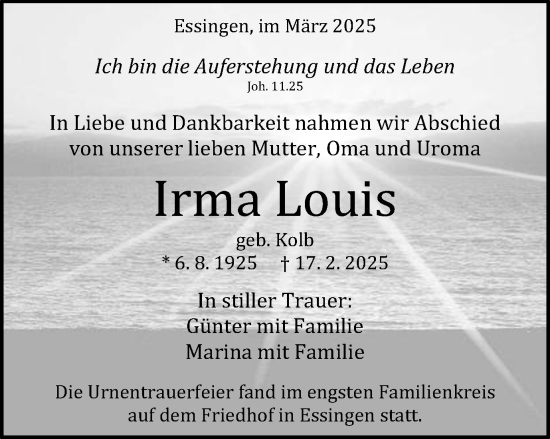 Traueranzeige von Irma Louis von Schwäbische Post