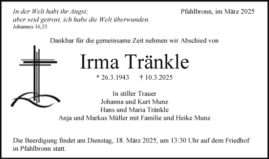 Traueranzeige von Irma Tränkle von Gmünder Tagespost