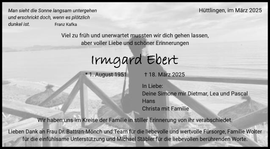 Traueranzeige von Irmgard Ebert von Schwäbische Post