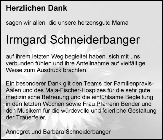 Traueranzeige von Irmgard Schneiderbanger von Schwäbische Post