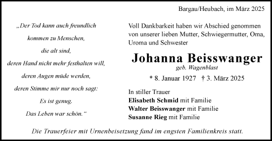 Traueranzeige von Johanna Beisswanger von Gmünder Tagespost