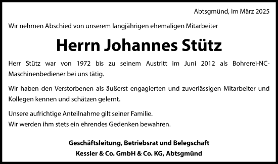 Traueranzeige von Johannes Stütz von Schwäbische Post
