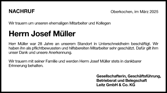 Traueranzeige von Josef Müller  von Schwäbische Post