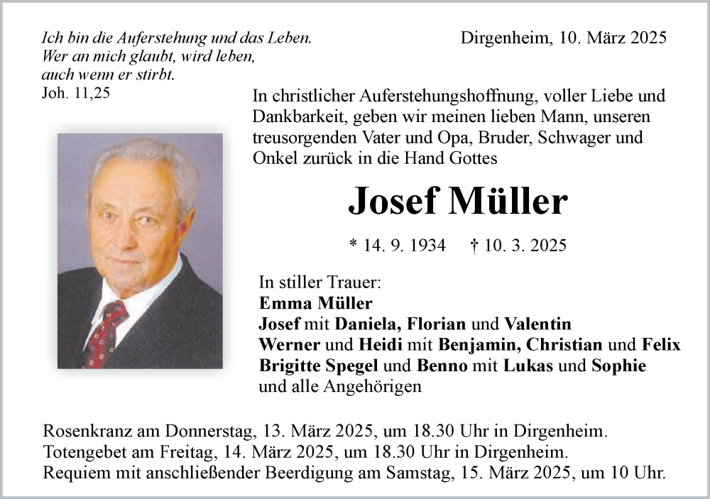  Traueranzeige für Josef Müller vom 12.03.2025 aus Schwäbische Post