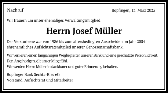 Traueranzeige von Josef Müller von Schwäbische Post