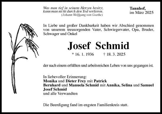Traueranzeige von Josef Schmid von Gmünder Tagespost