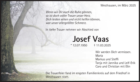 Traueranzeige von Josef Vaas von Schwäbische Post