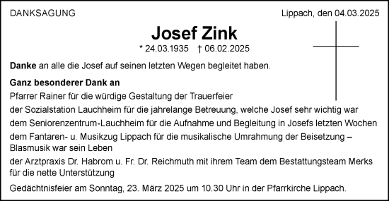 Traueranzeige von Josef Zink von Schwäbische Post
