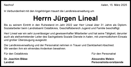 Traueranzeige von Jürgen Lineal von Schwäbische Post