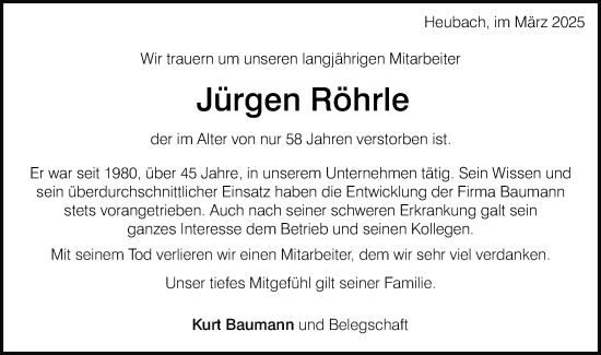 Traueranzeige von Jürgen Röhrle von Gmünder Tagespost