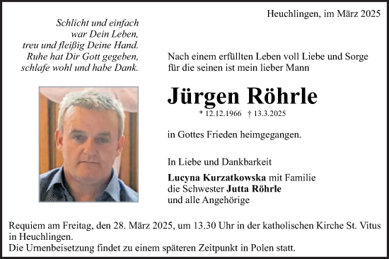 Traueranzeige von Jürgen Röhrle von Gmünder Tagespost