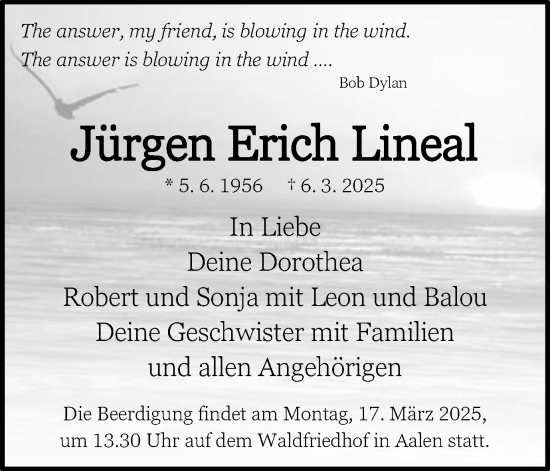 Traueranzeige von Jürgen Erich Lineal von Schwäbische Post
