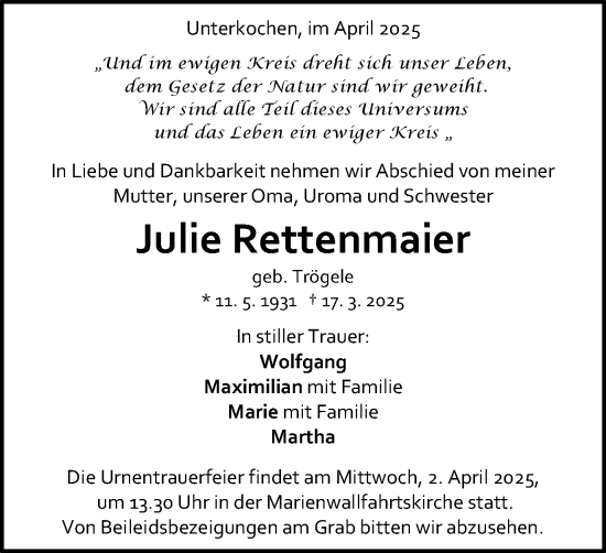 Traueranzeige von Julie Rettenmaier von Schwäbische Post