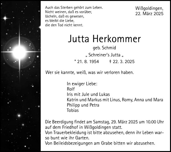 Traueranzeige von Jutta Herkommer von Gmünder Tagespost